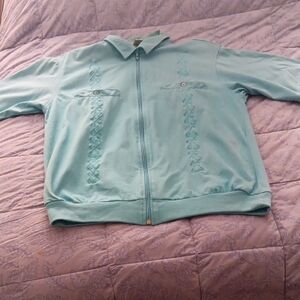 Haband Men's Light Teal Zip-up Collared Short Sleeve Shirt Size M